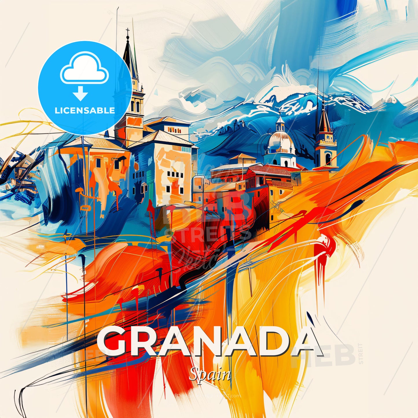 Vibrant Granada, Spain - A Painting Of A Town With Mountains In The Background - Square format print template