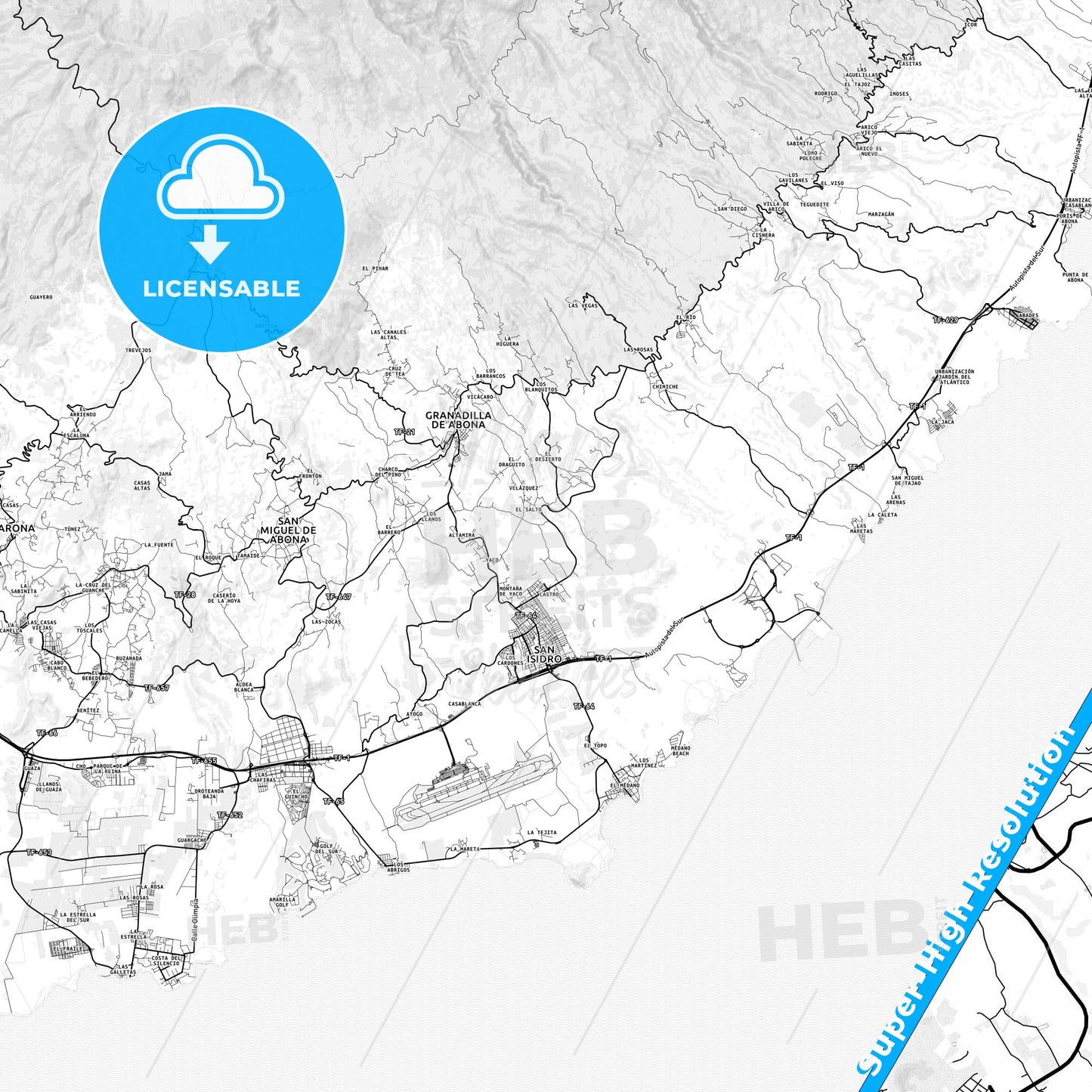 Granadilla de Abona, Spain light map with streetnames, citynames and districts