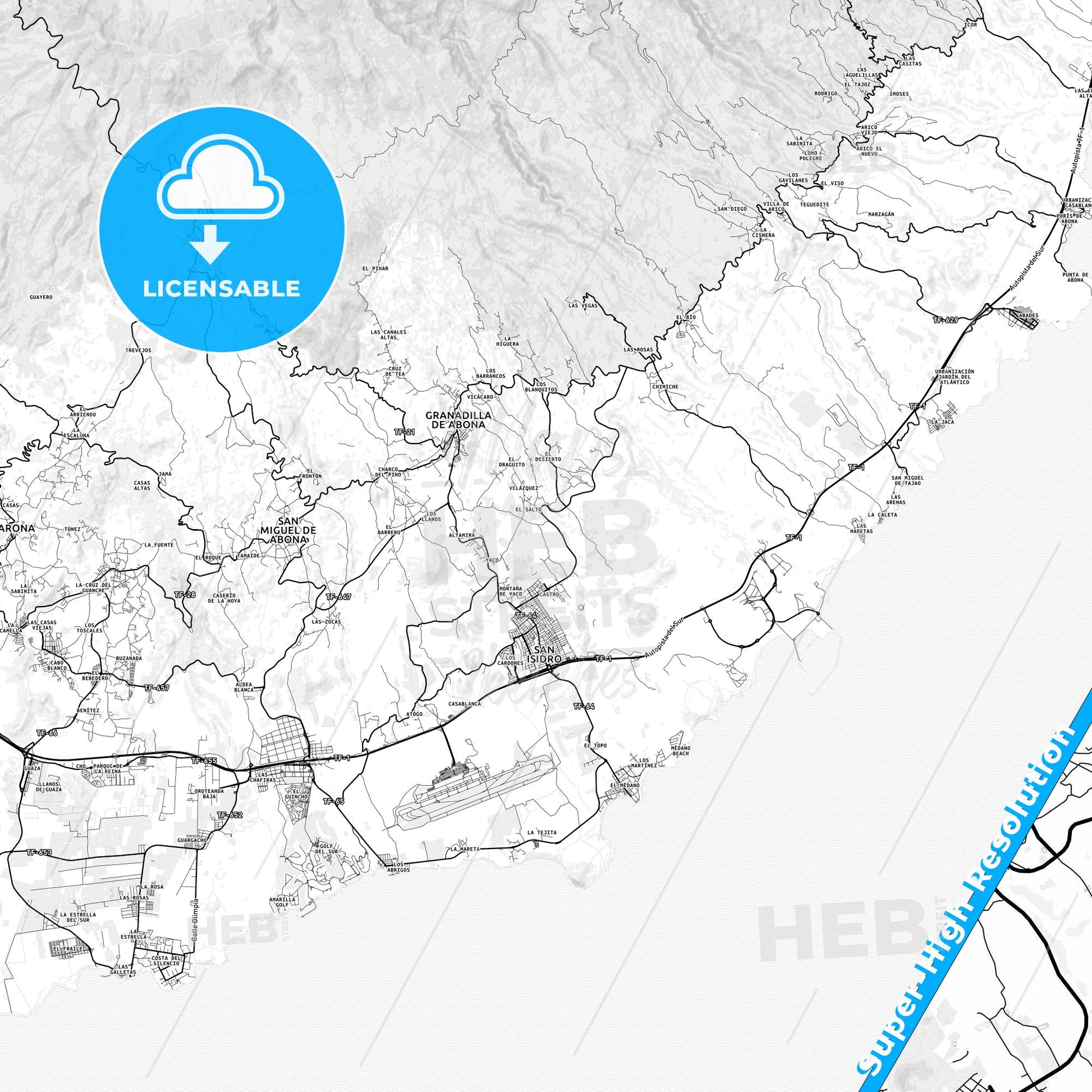 Granadilla de Abona, Spain light map with streetnames, citynames and districts