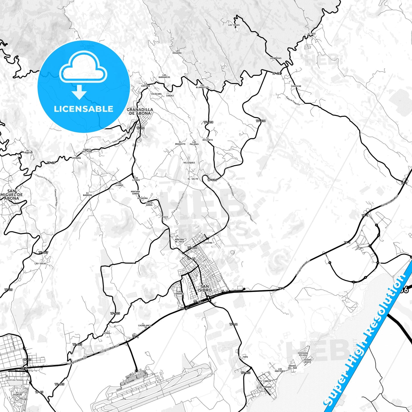 Granadilla de Abona, Spain Light Map with Street Names, City Names, and Districts