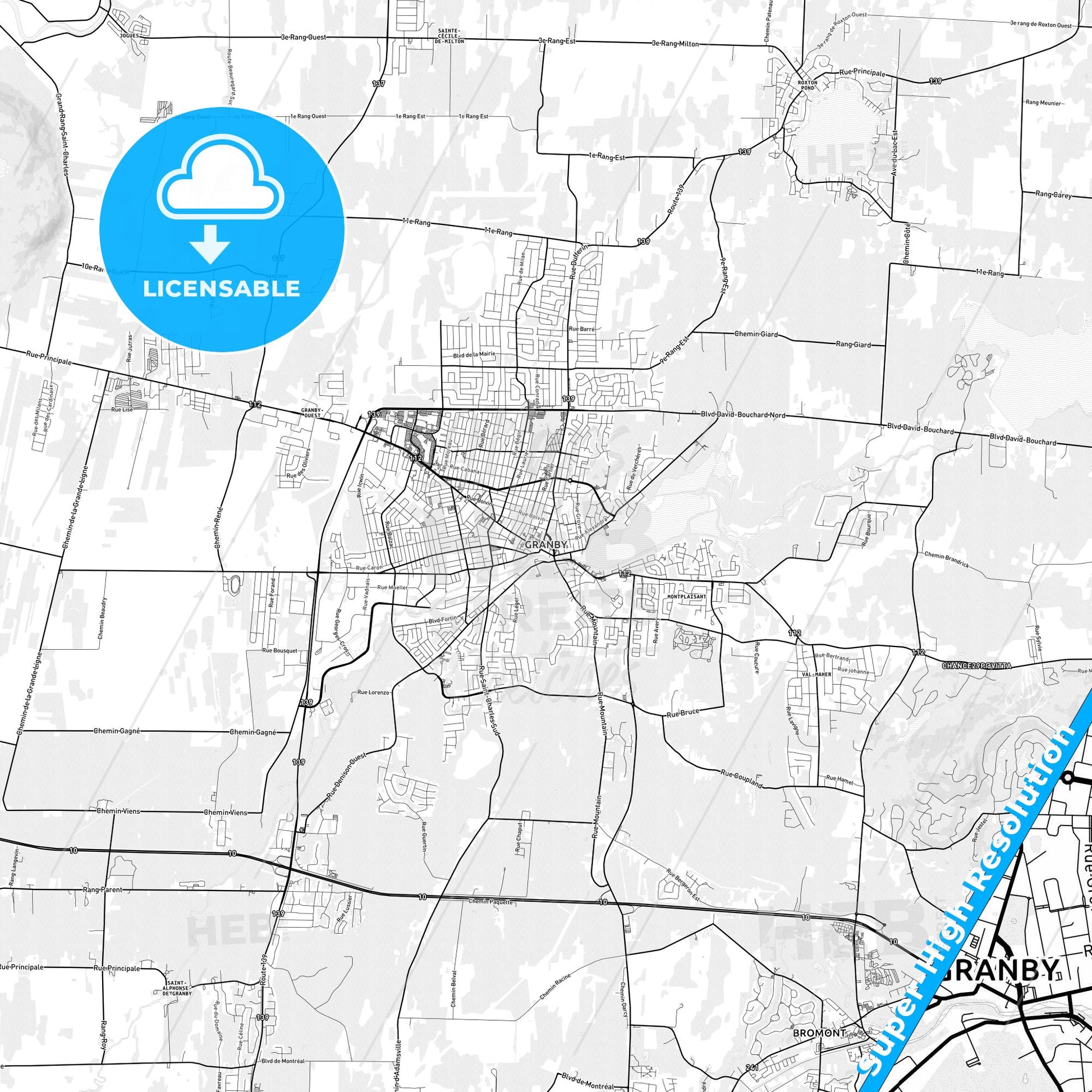 Granby, Canada light map with streetnames, citynames and districts