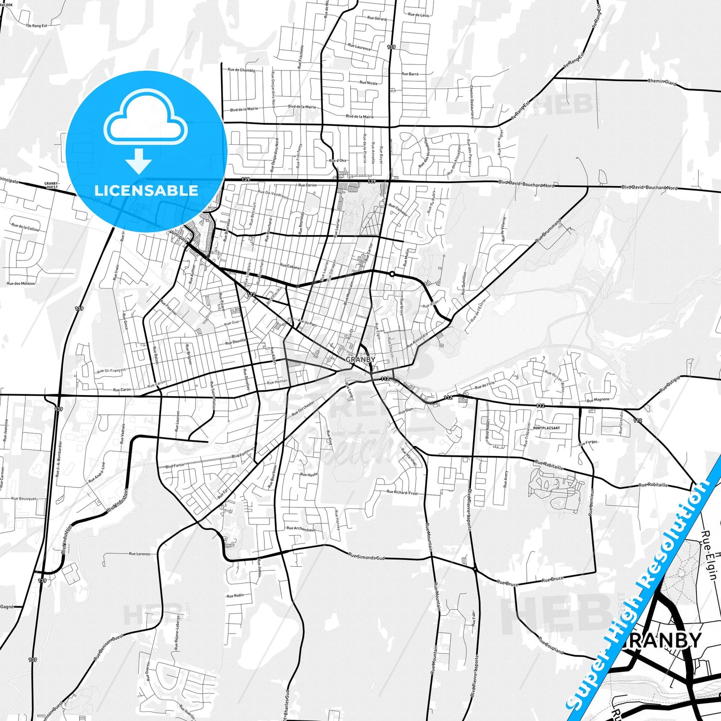 Granby, Canada Light Map with Street Names, City Names, and Districts