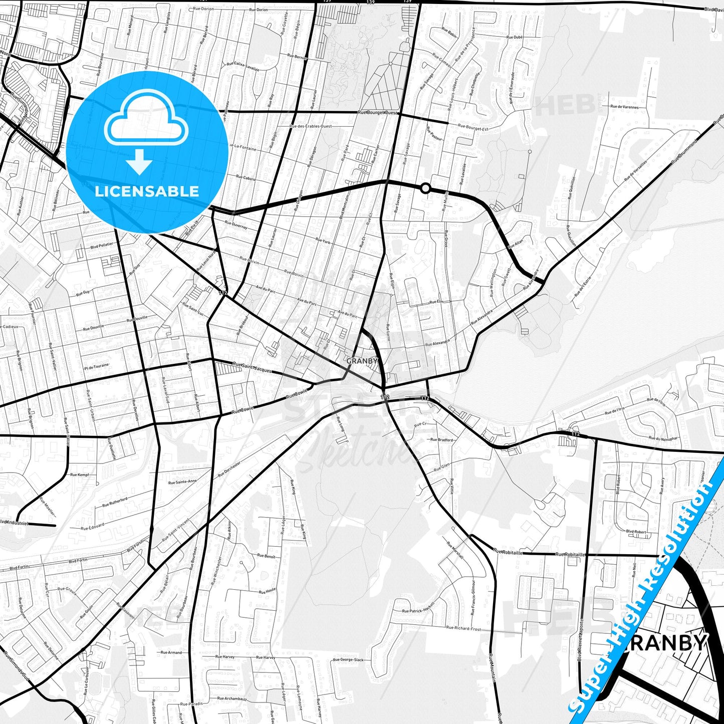 Granby, Canada Light Map with Street Names, City Names, and Districts