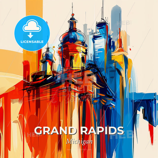 Vibrant Grand Rapids, Michigan - A Painting Of A Building With A Dome And A Bridge - Square format print template