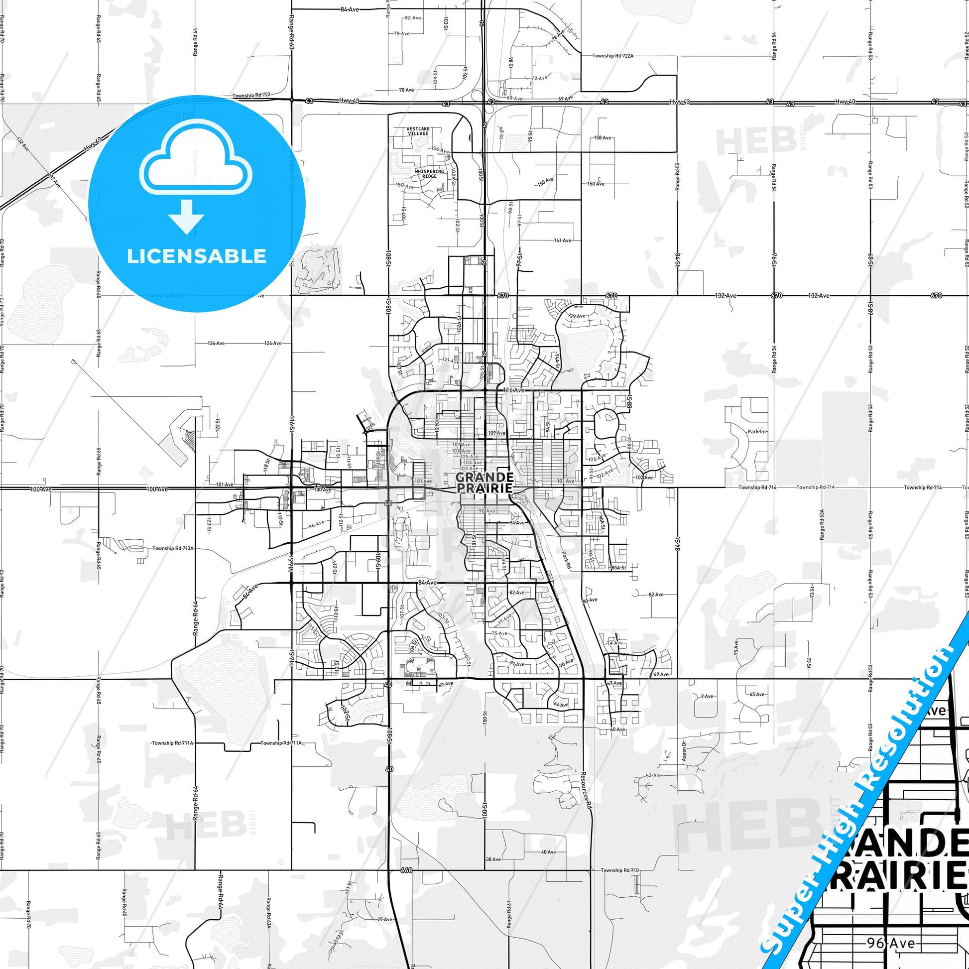 Grande Prairie, Canada light map with streetnames, citynames and districts