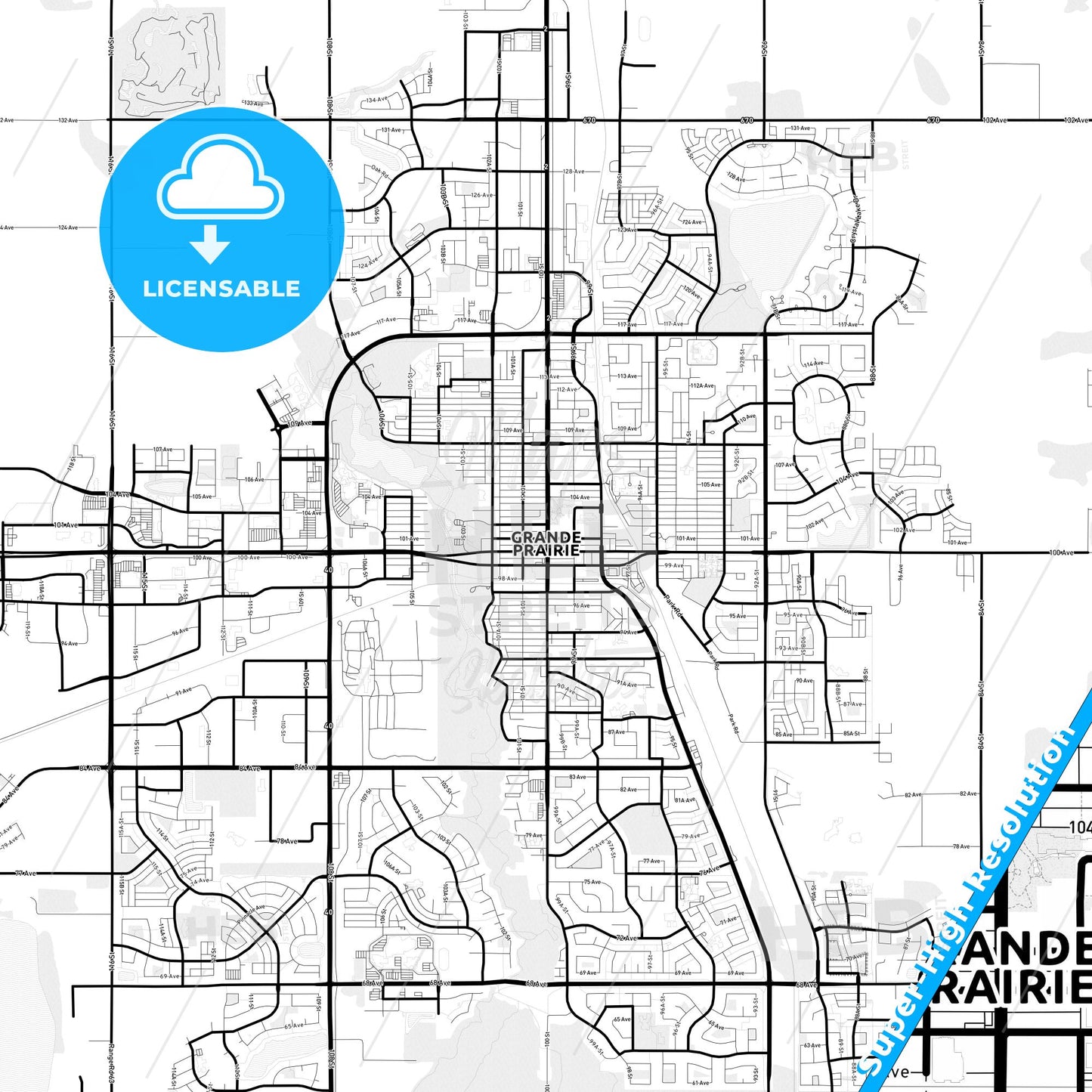 Grande Prairie, Canada Light Map with Street Names, City Names, and Districts