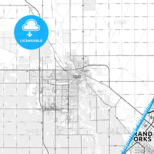 Grand Forks, North Dakota light map with streetnames, citynames and districts