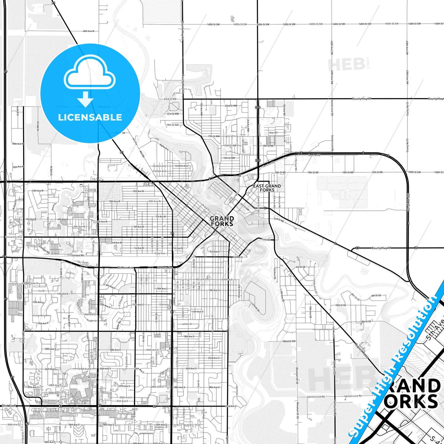 Grand Forks, North Dakota Light Map with Street Names, City Names, and Districts
