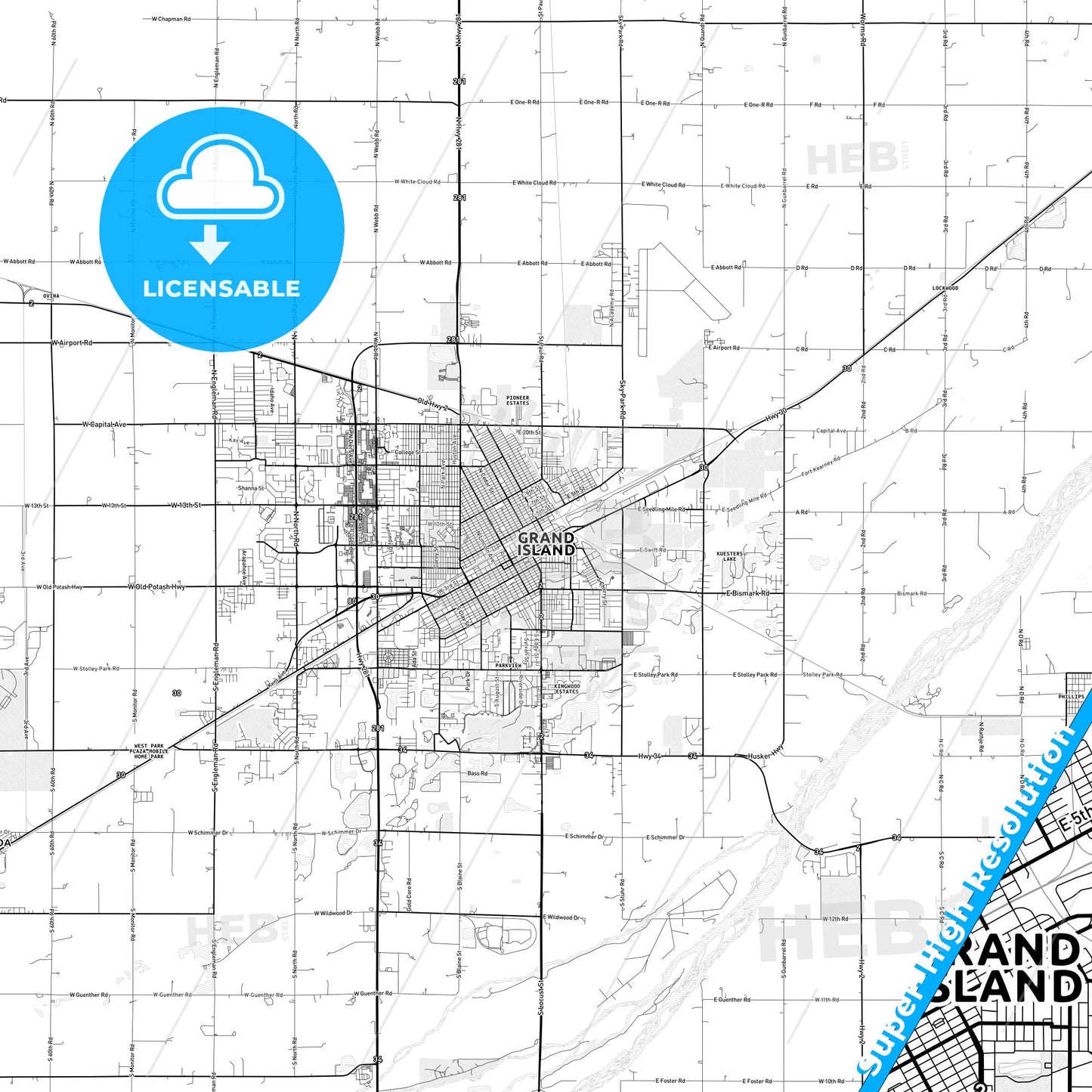 Grand Island, Nebraska light map with streetnames, citynames and districts