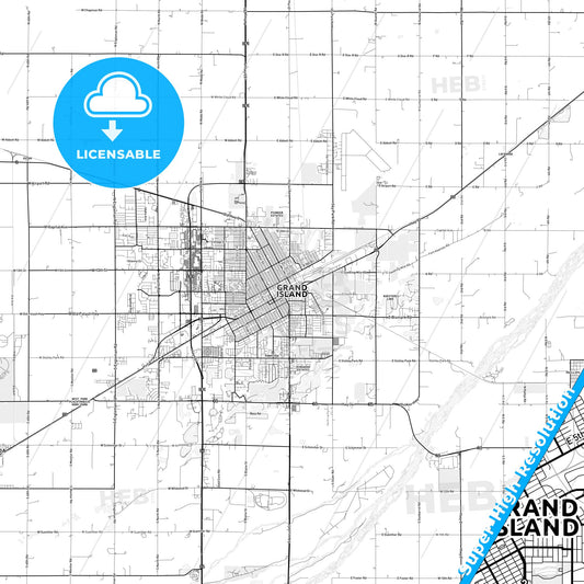 Grand Island, Nebraska light map with streetnames, citynames and districts