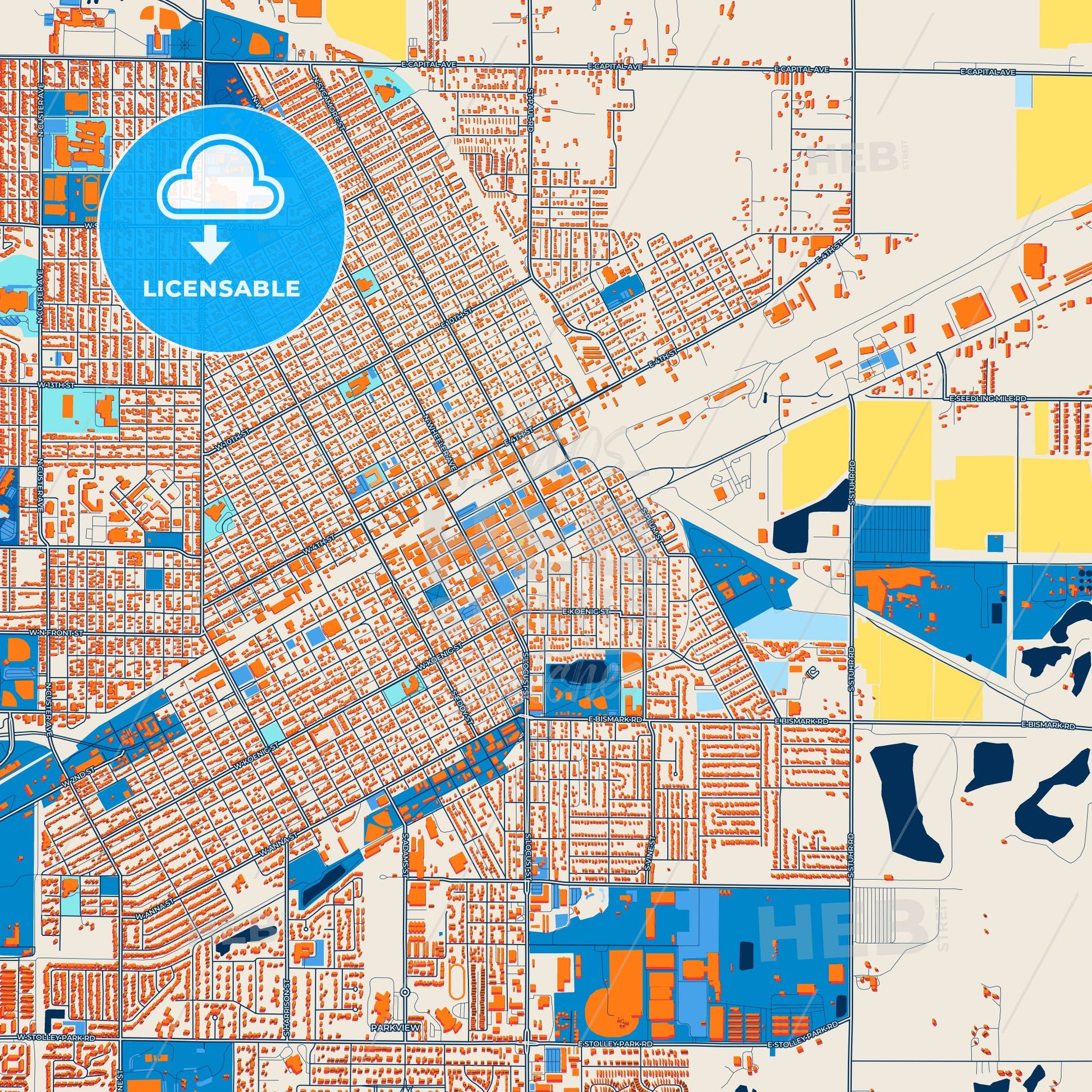 Colorful Grand Island Street Map with Labels and Buildings