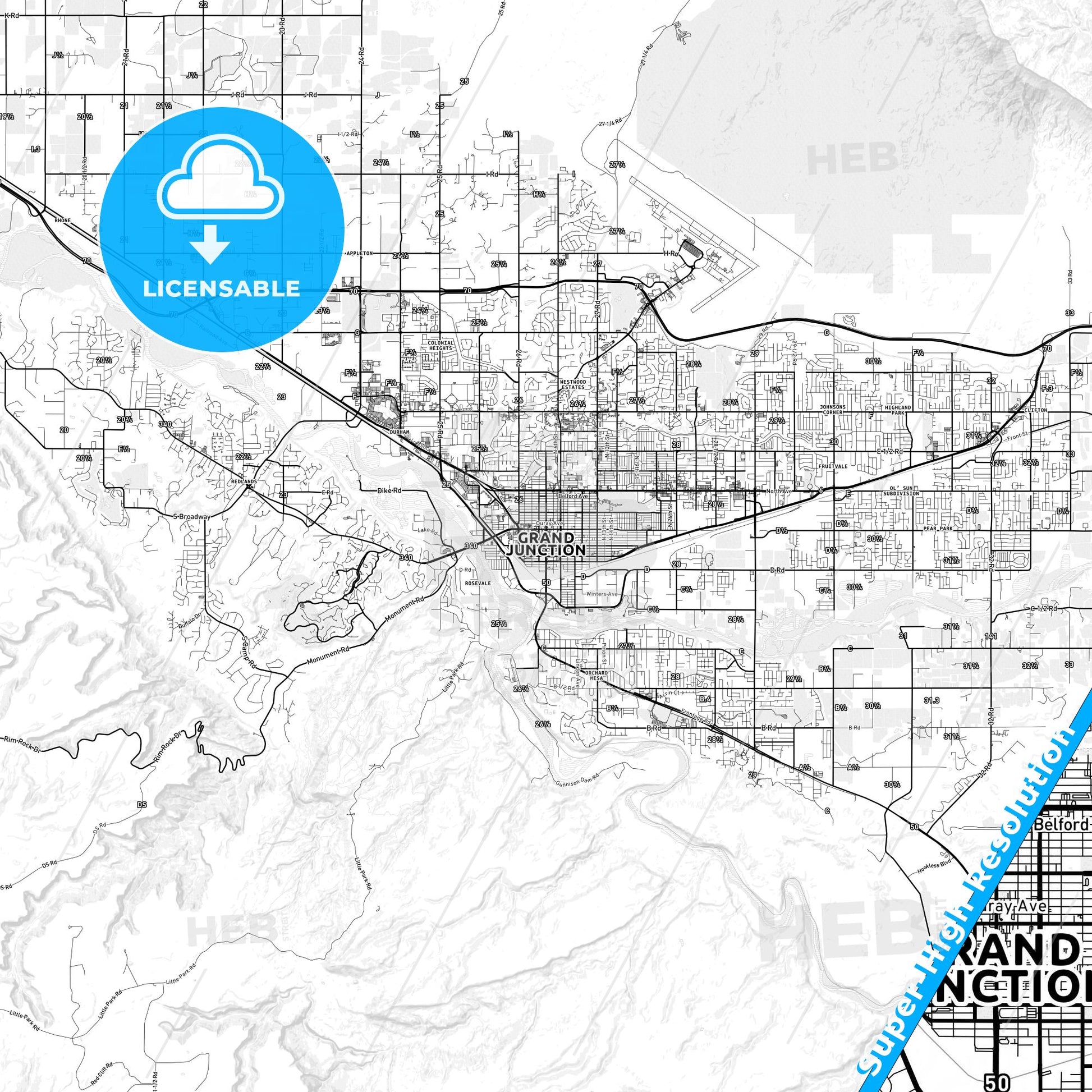 Grand Junction, Colorado light map with streetnames, citynames and districts