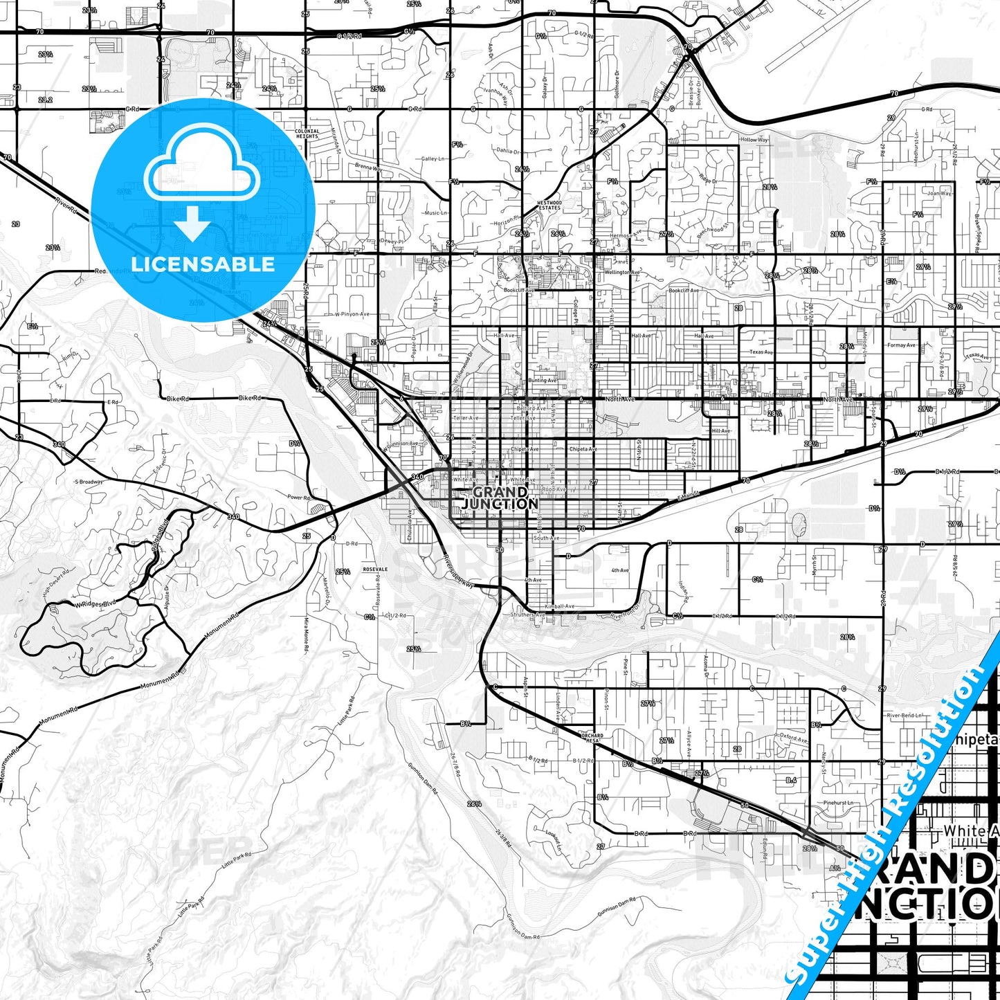 Grand Junction, Colorado Light Map with Street Names, City Names, and Districts