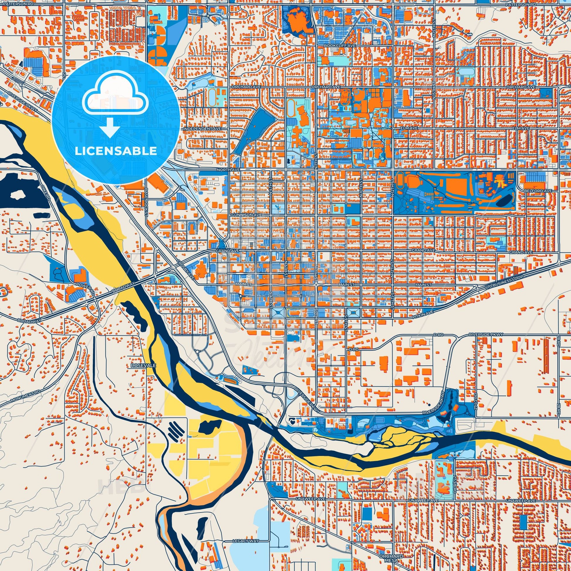 Colorful Grand Junction Street Map with Labels and Buildings