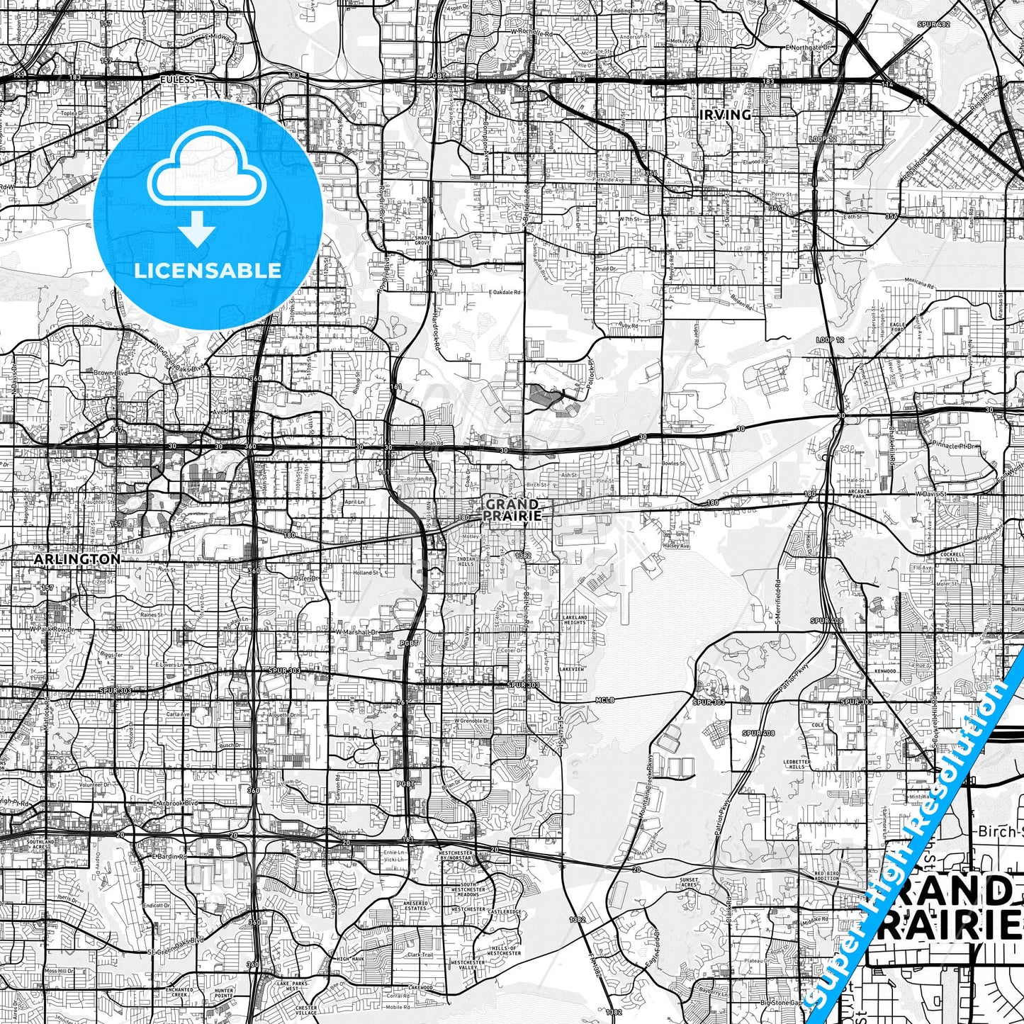 Grand Prairie, Texas light map with streetnames, citynames and districts