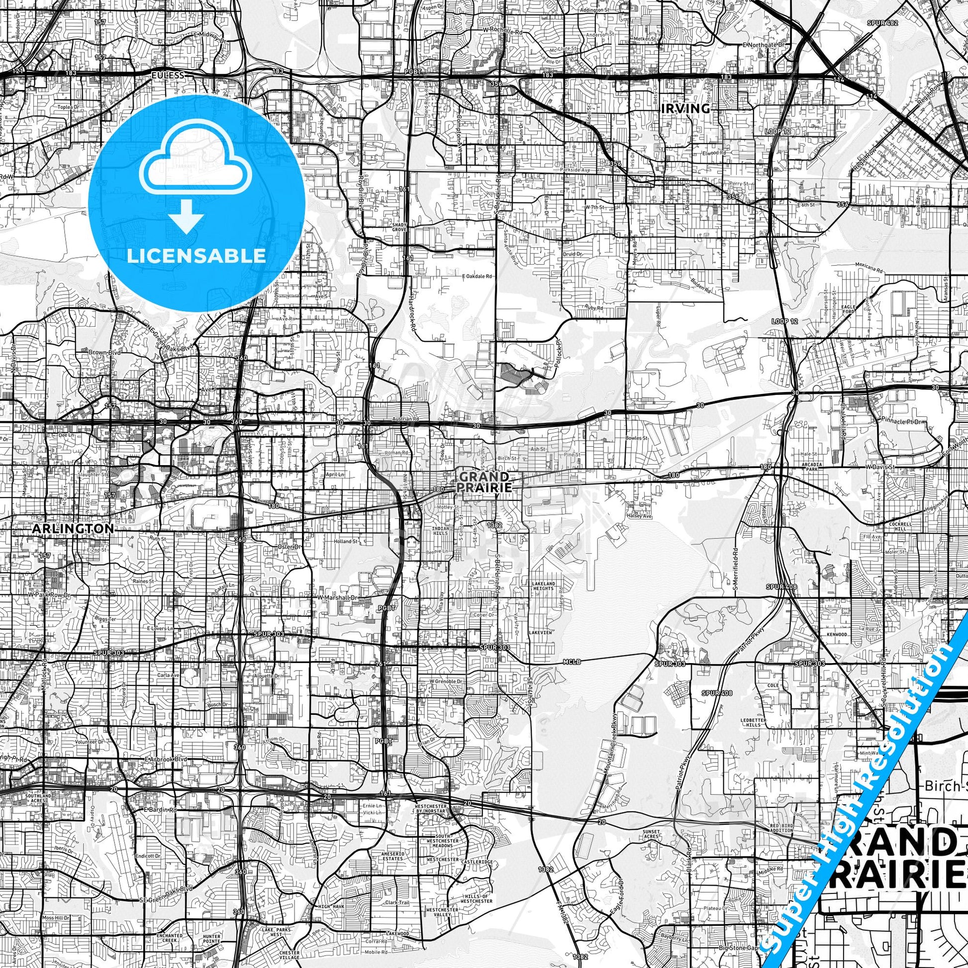 Grand Prairie, Texas light map with streetnames, citynames and districts