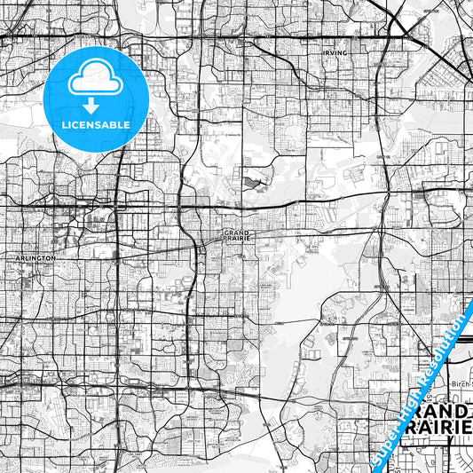 Grand Prairie, Texas light map with streetnames, citynames and districts