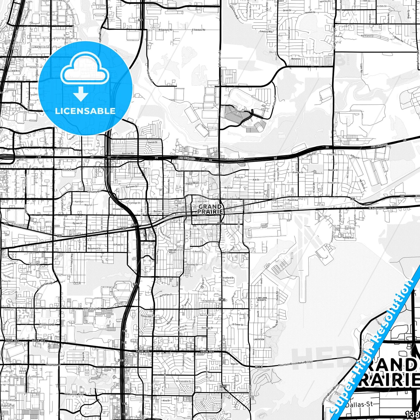 Grand Prairie, Texas Light Map with Street Names, City Names, and Districts