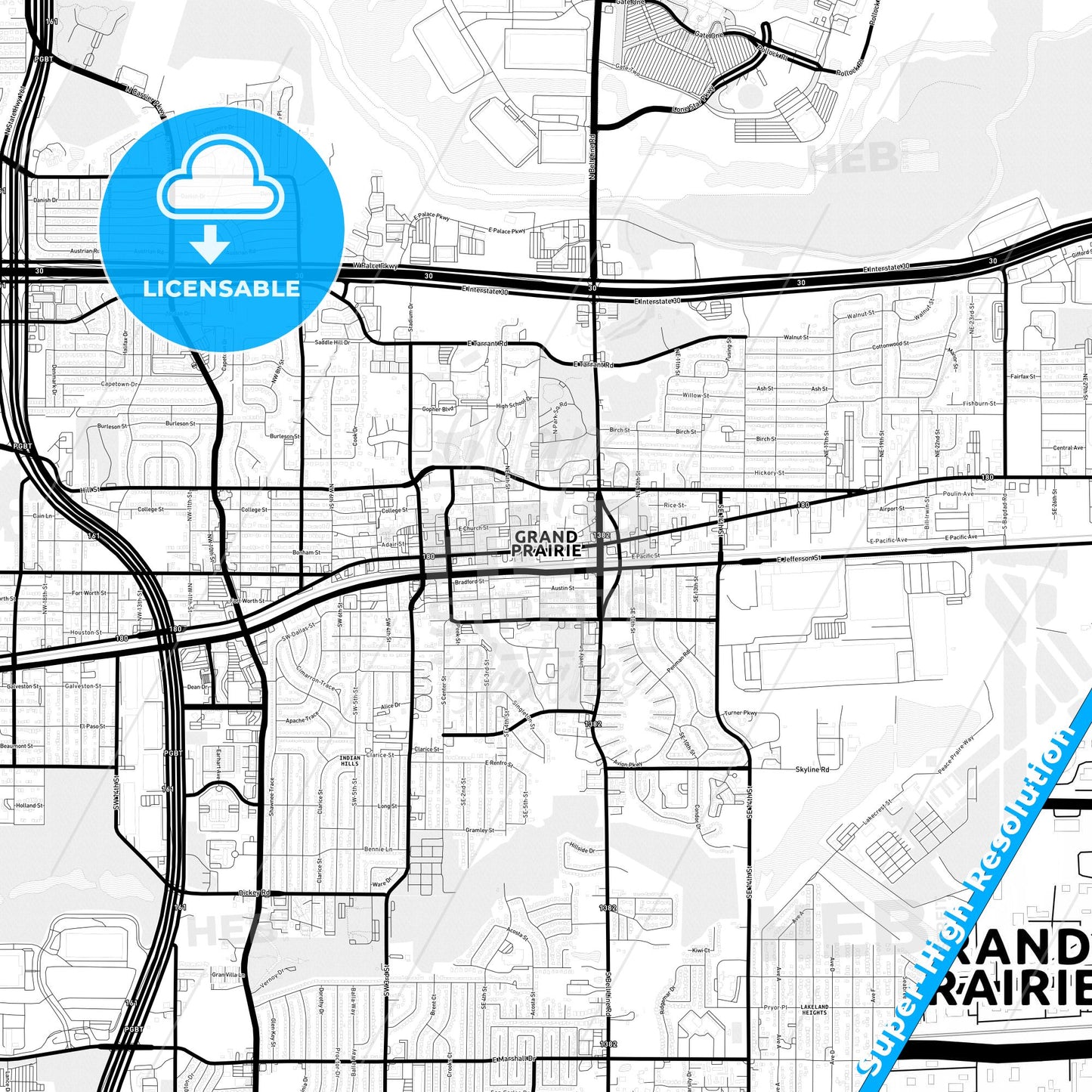 Grand Prairie, Texas Light Map with Street Names, City Names, and Districts