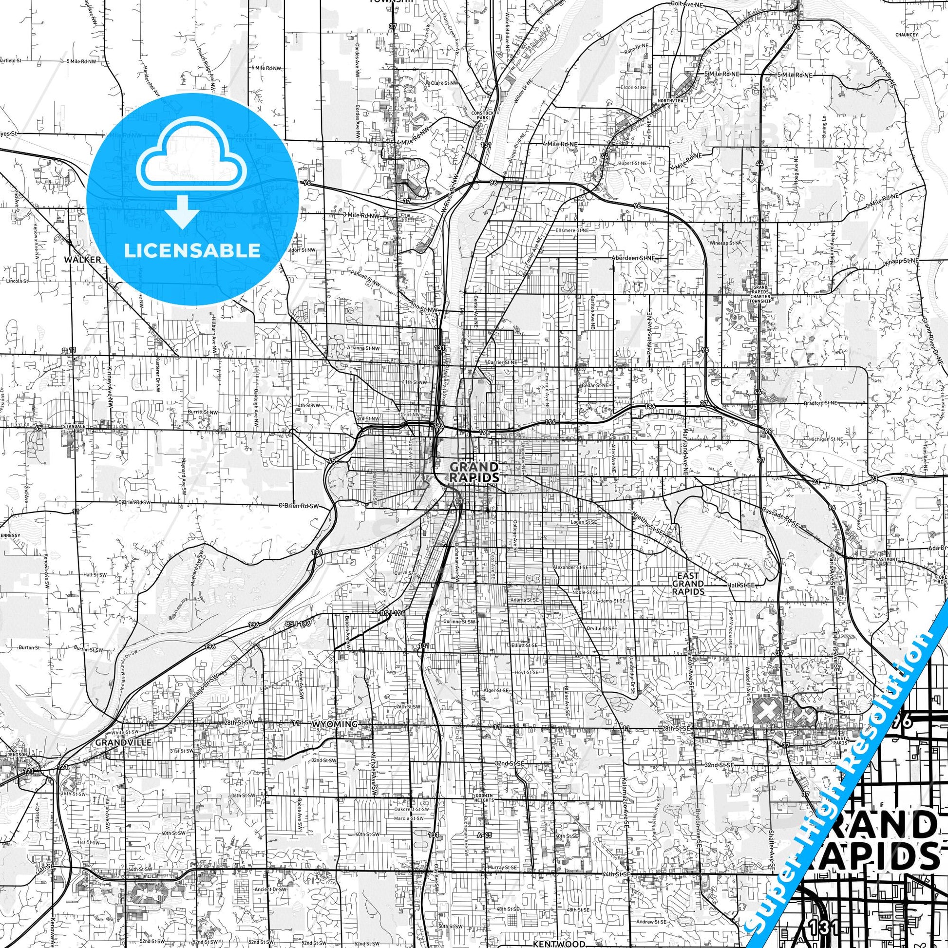 Grand Rapids, Michigan light map with streetnames, citynames and districts