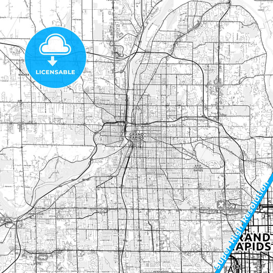 Grand Rapids, Michigan light map with streetnames, citynames and districts