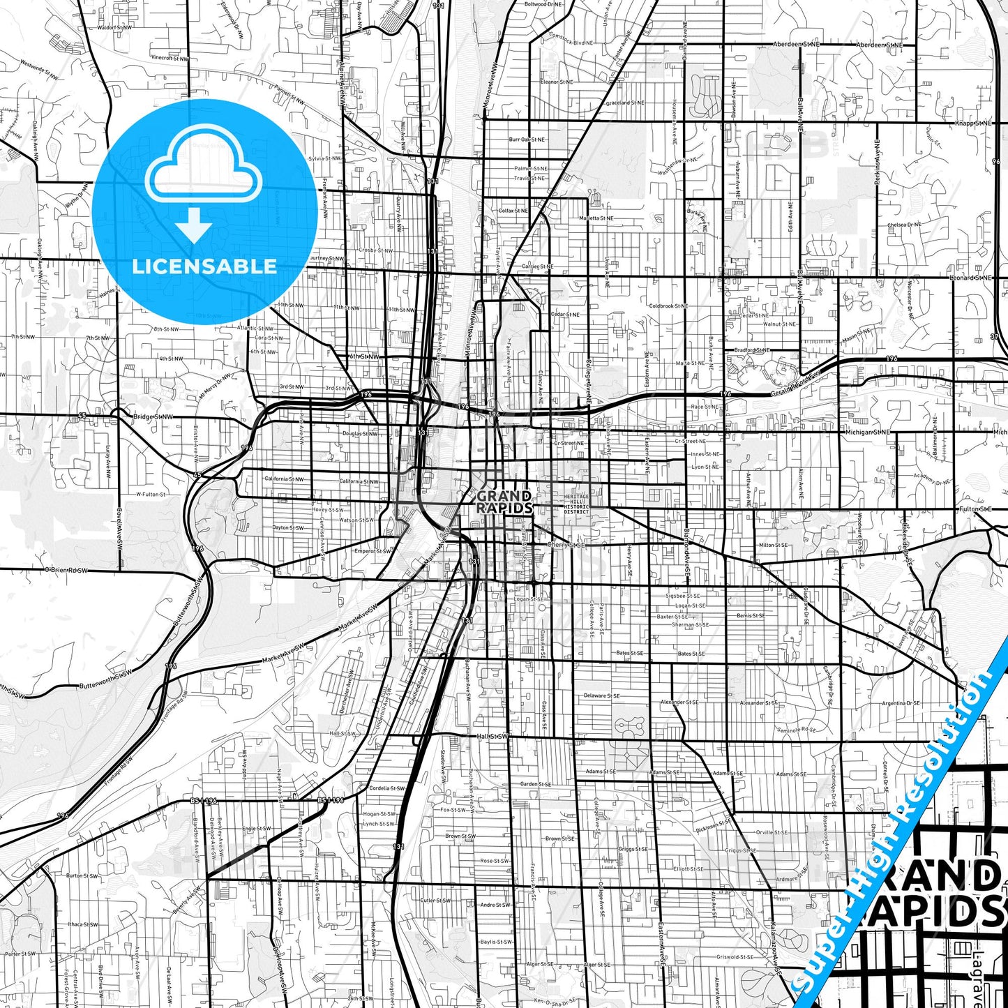 Grand Rapids, Michigan Light Map with Street Names, City Names, and Districts