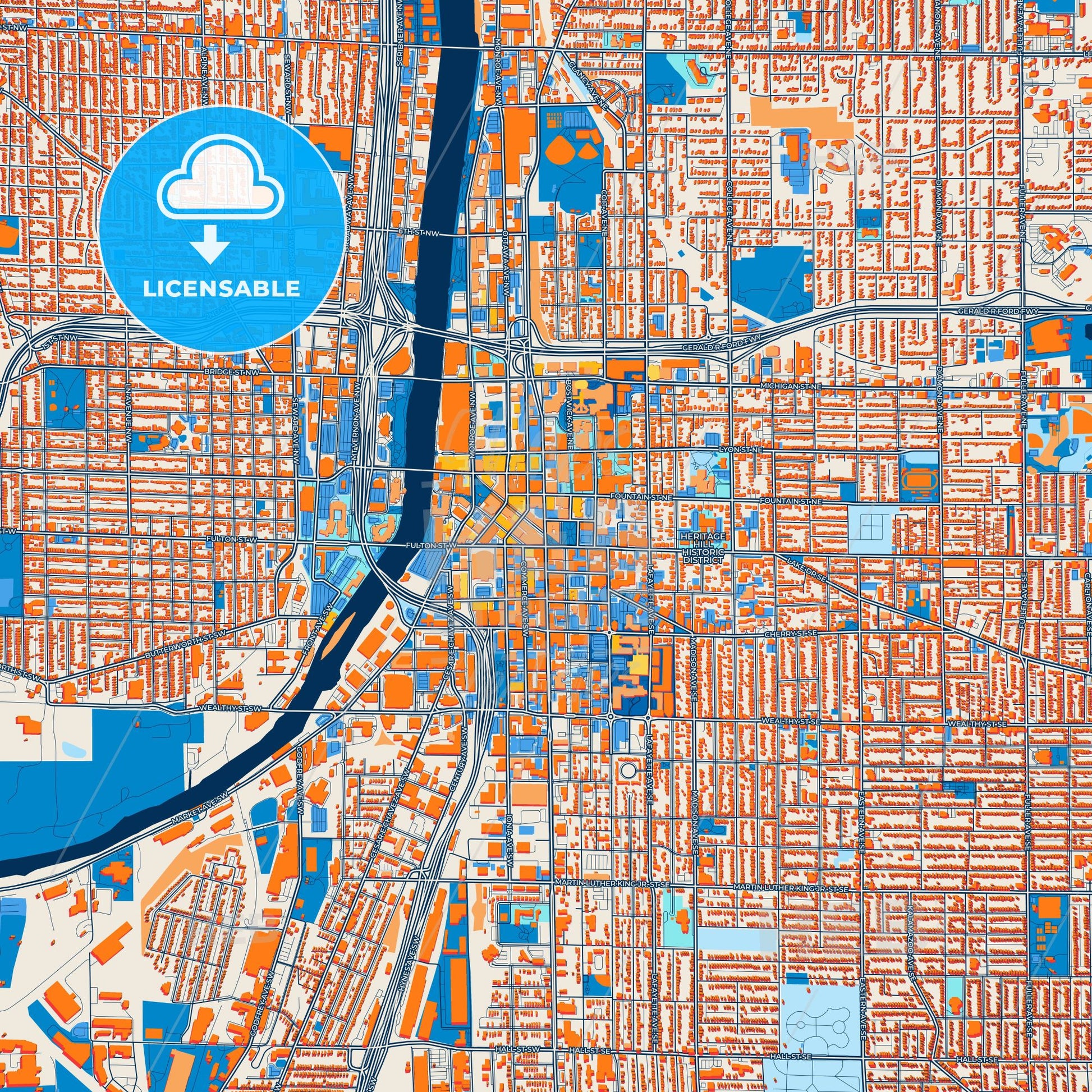 Colorful Grand Rapids Street Map with Labels and Buildings