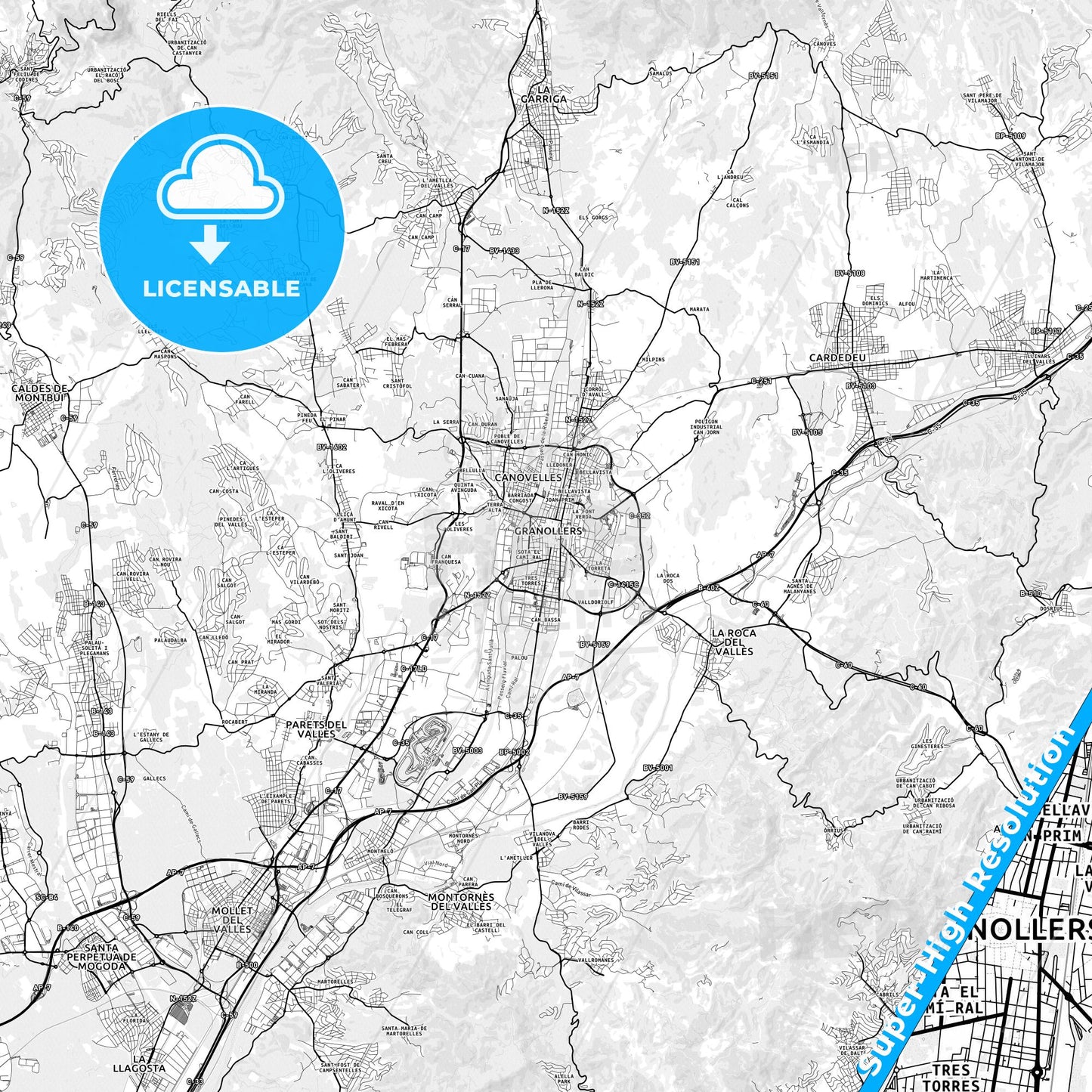 Granollers, Spain light map with streetnames, citynames and districts