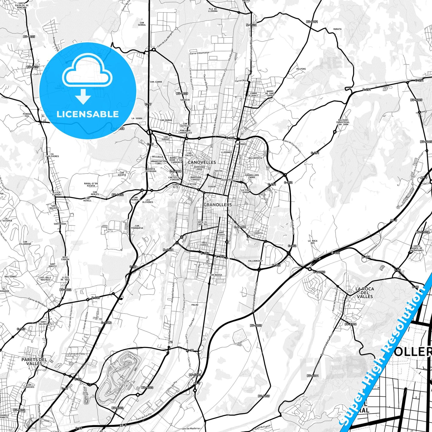 Granollers, Spain Light Map with Street Names, City Names, and Districts