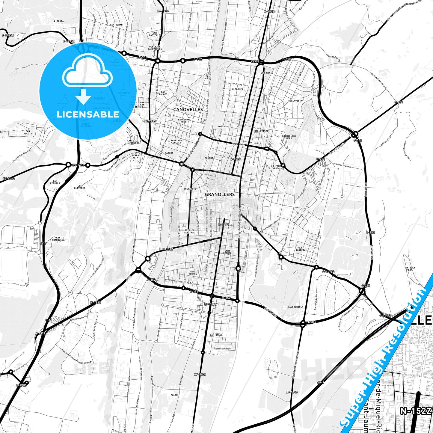 Granollers, Spain Light Map with Street Names, City Names, and Districts
