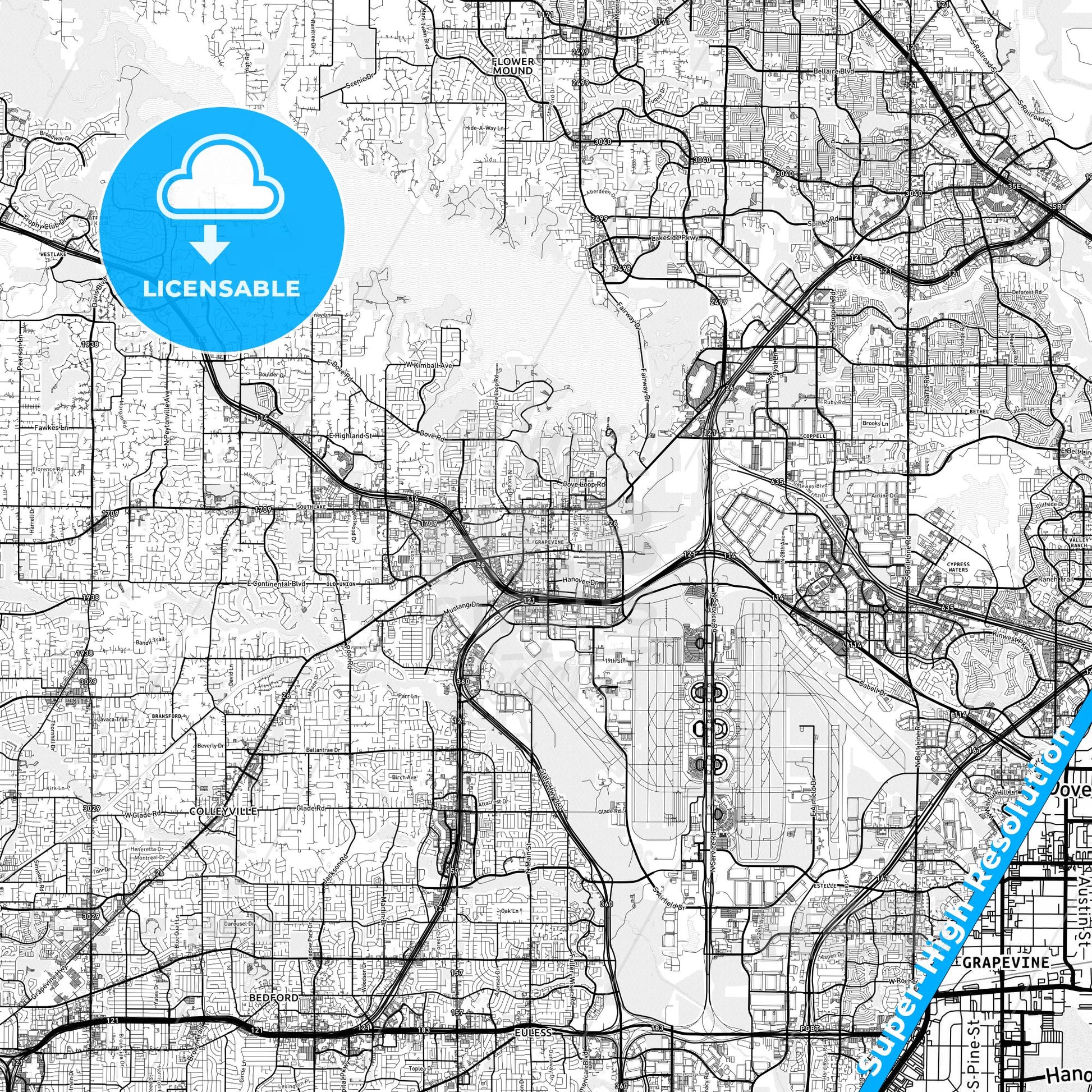 Grapevine, Texas light map with streetnames, citynames and districts