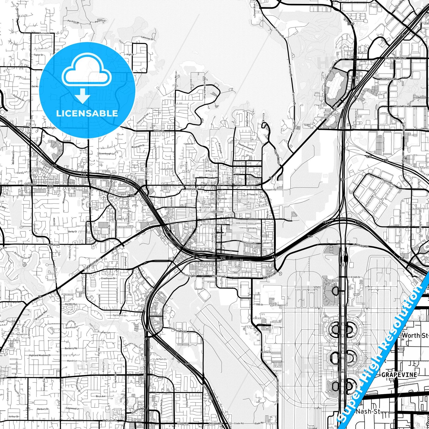 Grapevine, Texas Light Map with Street Names, City Names, and Districts