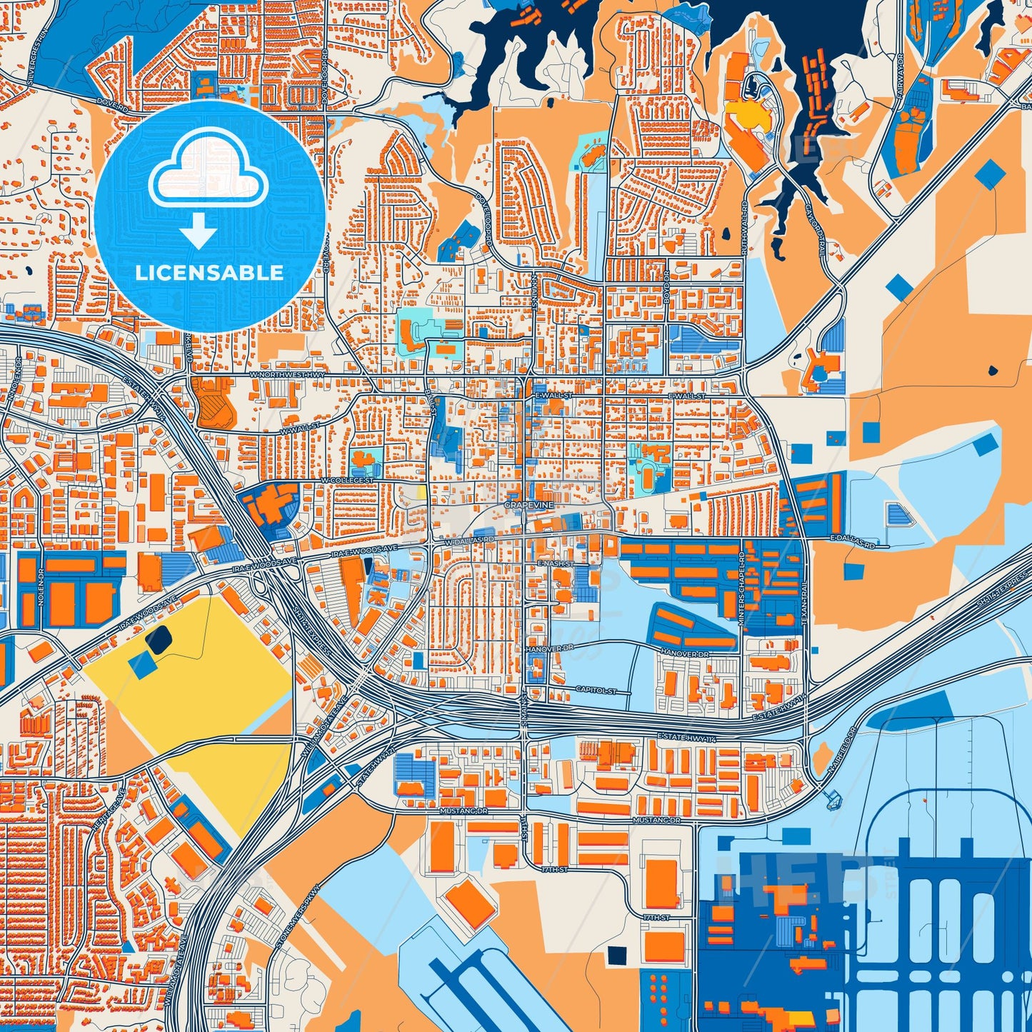 Colorful Grapevine Street Map with Labels and Buildings