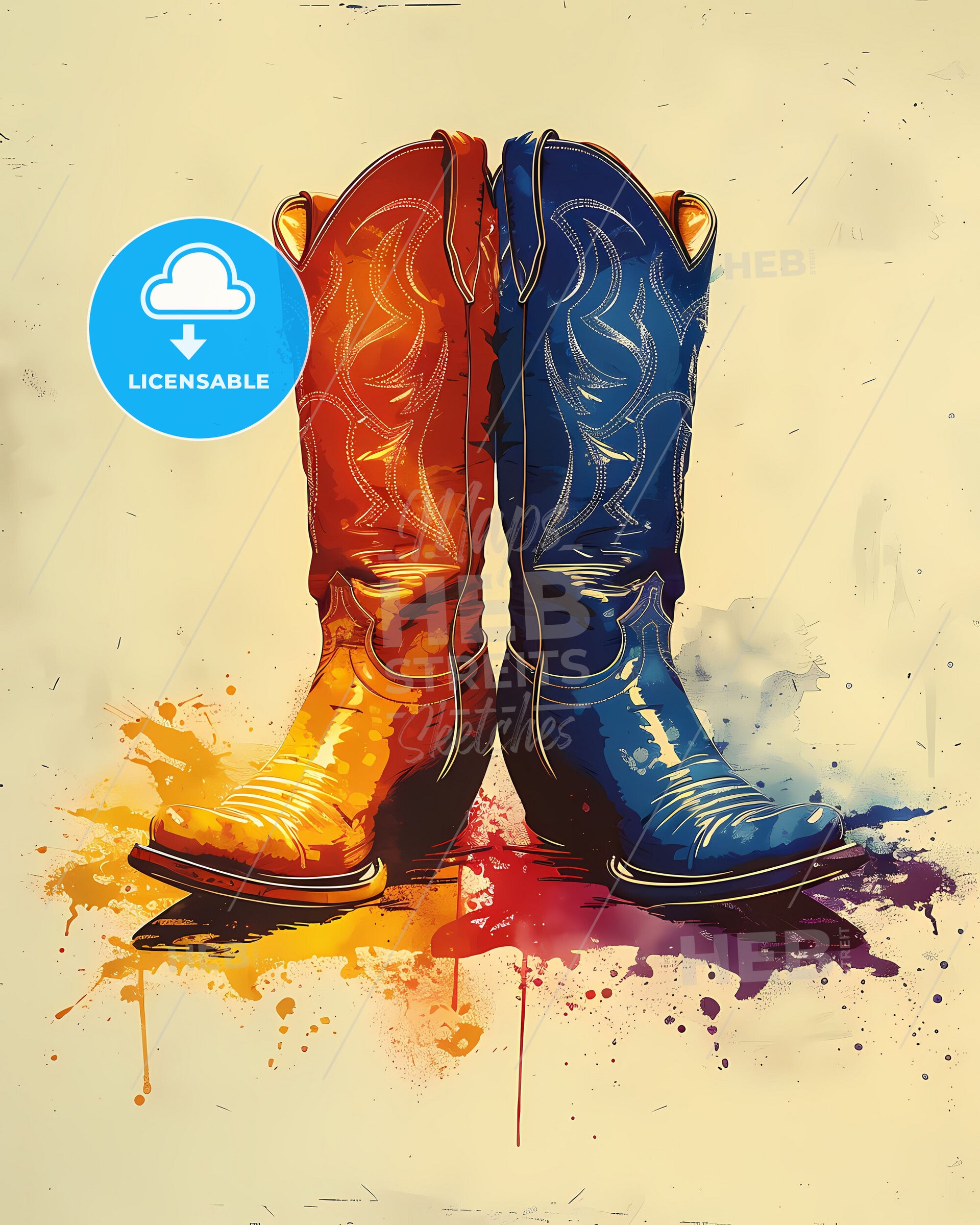 Artistic Cowboy Boots Painting on White Background, Pop Art, Retro Style,  Vibrant Colors JPG XL size