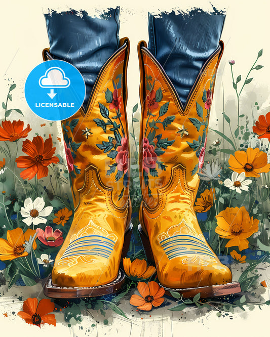 Vibrant Retro Cowgirl Boots - Fun Colors, Graphic Illustration on White Background.