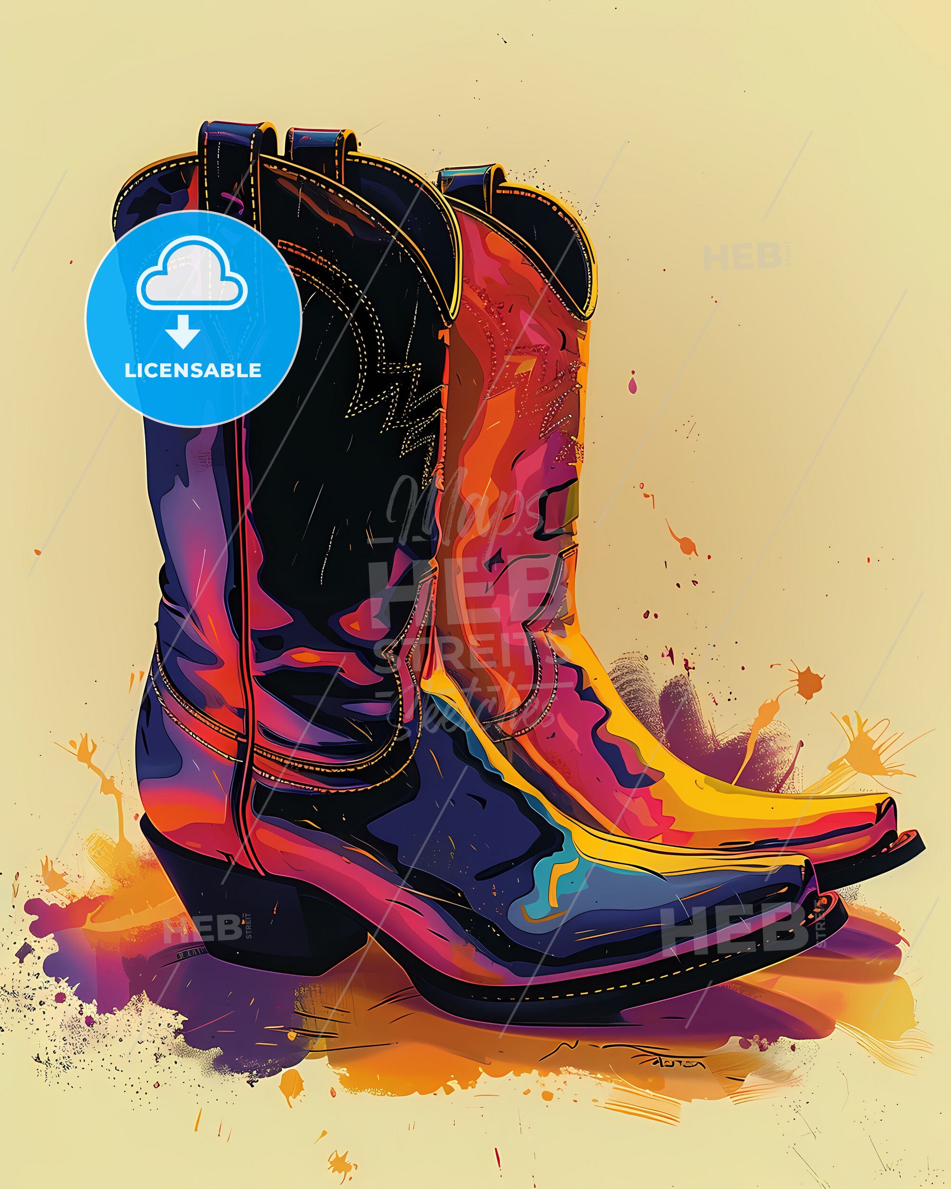 Colorful Retro Cowgirl Boots Painting on White Background JPG XL size