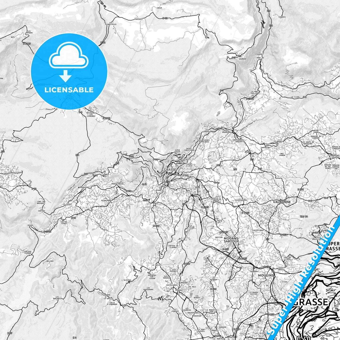 Grasse, France light map with streetnames, citynames and districts