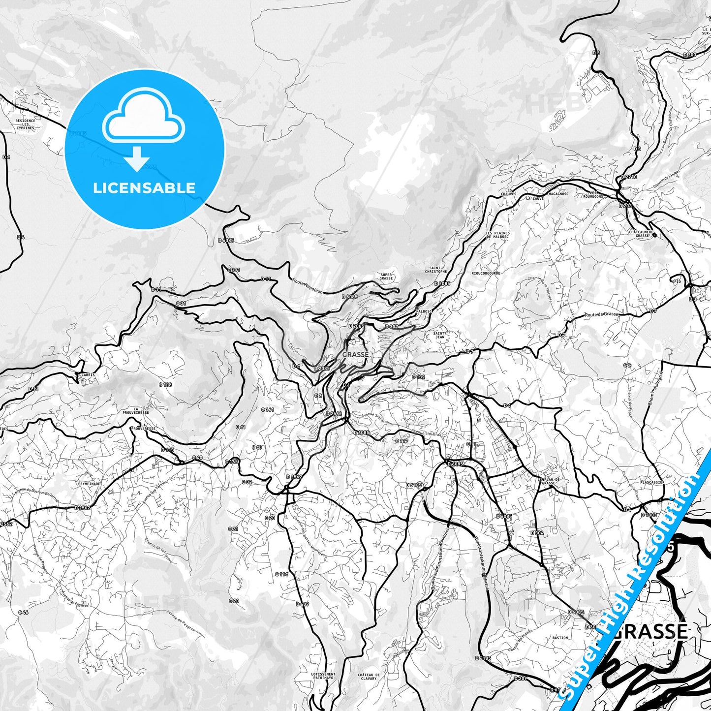 Grasse, France Light Map with Street Names, City Names, and Districts