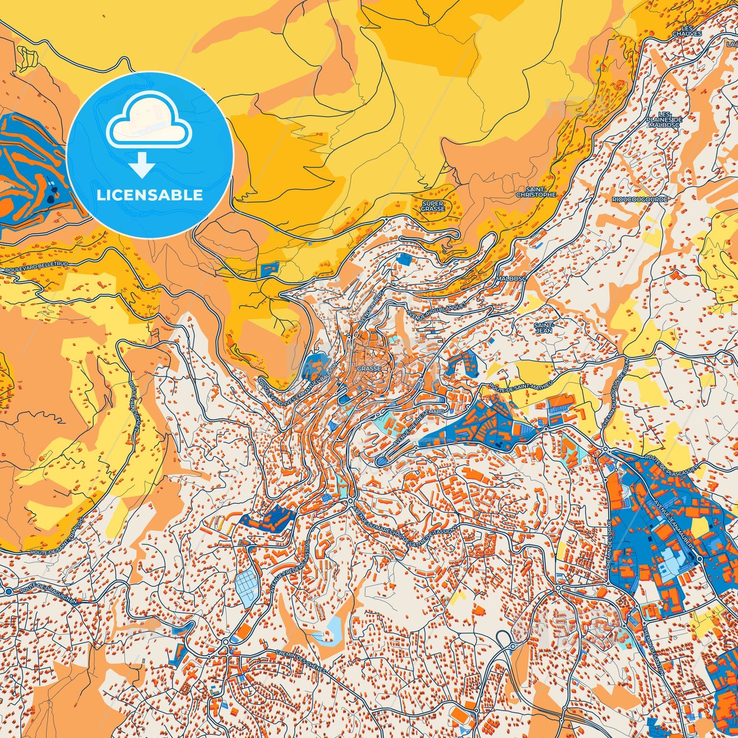 Colorful Grasse Street Map with Labels and Buildings