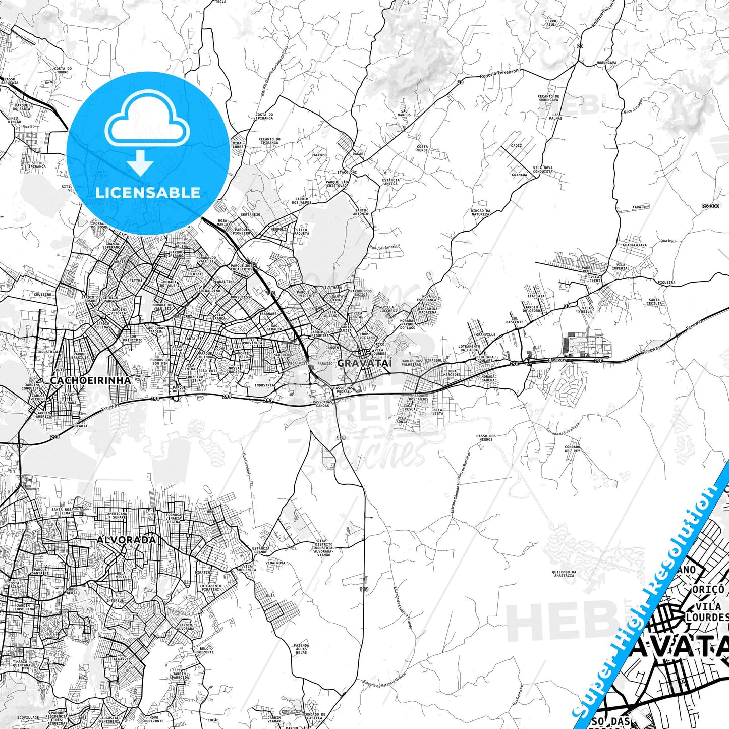 Gravatai, Brazil light map with streetnames, citynames and districts
