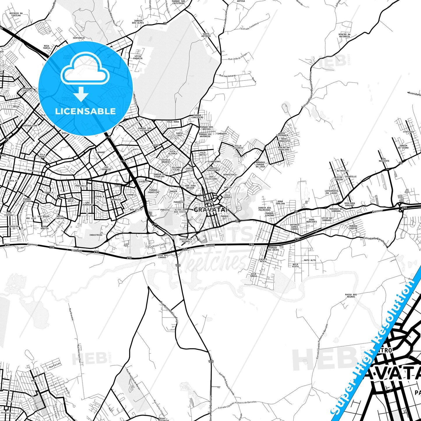 Gravatai, Brazil Light Map with Street Names, City Names, and Districts