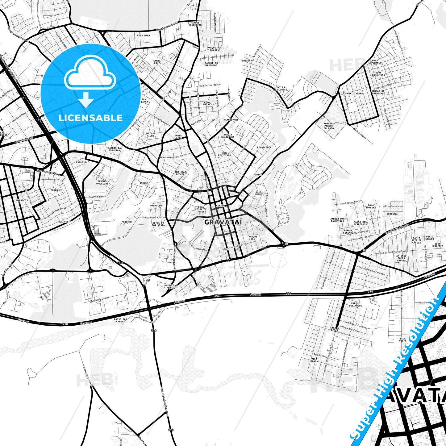 Gravatai, Brazil Light Map with Street Names, City Names, and Districts