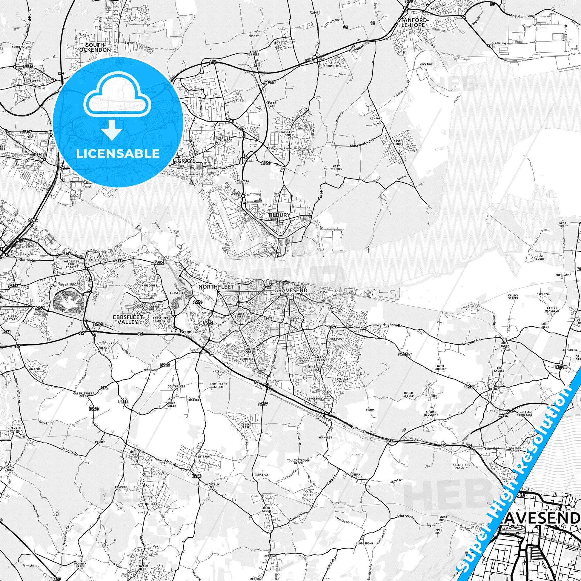 Gravesend, England light map with streetnames, citynames and districts