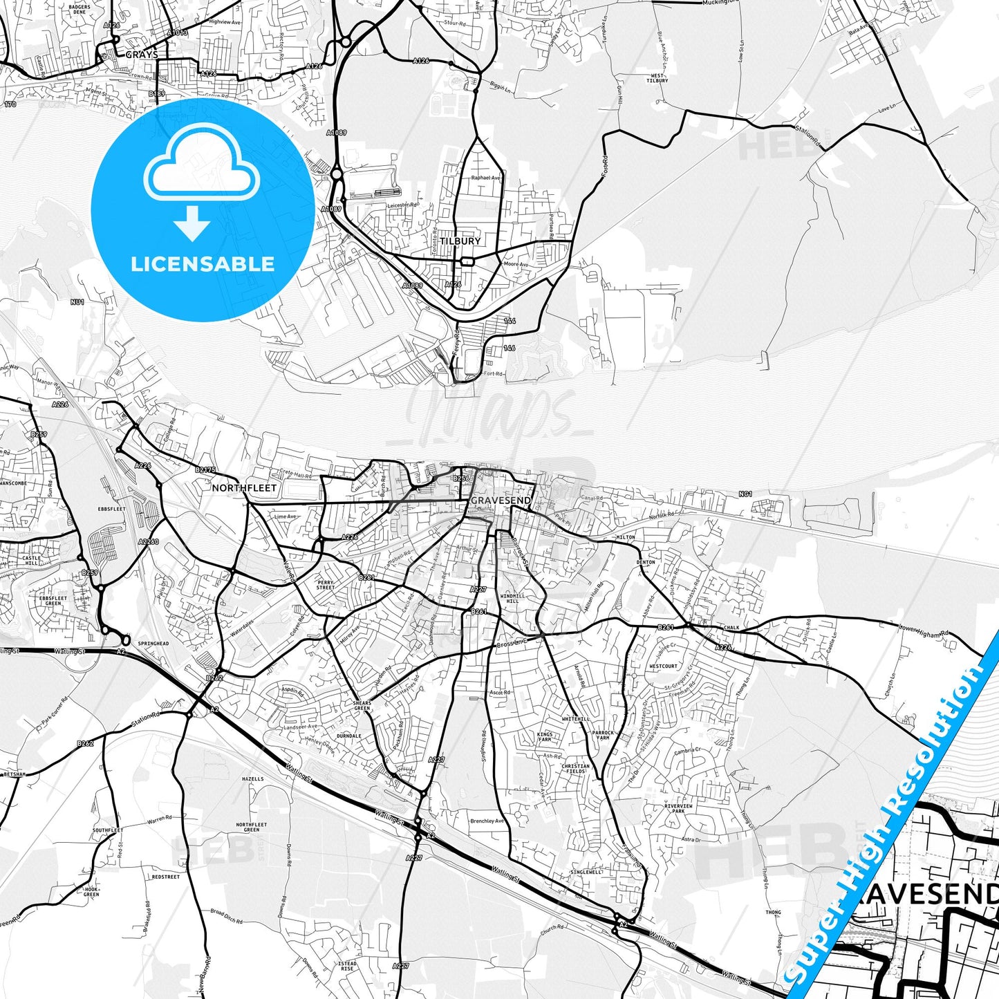 Gravesend, England Light Map with Street Names, City Names, and Districts