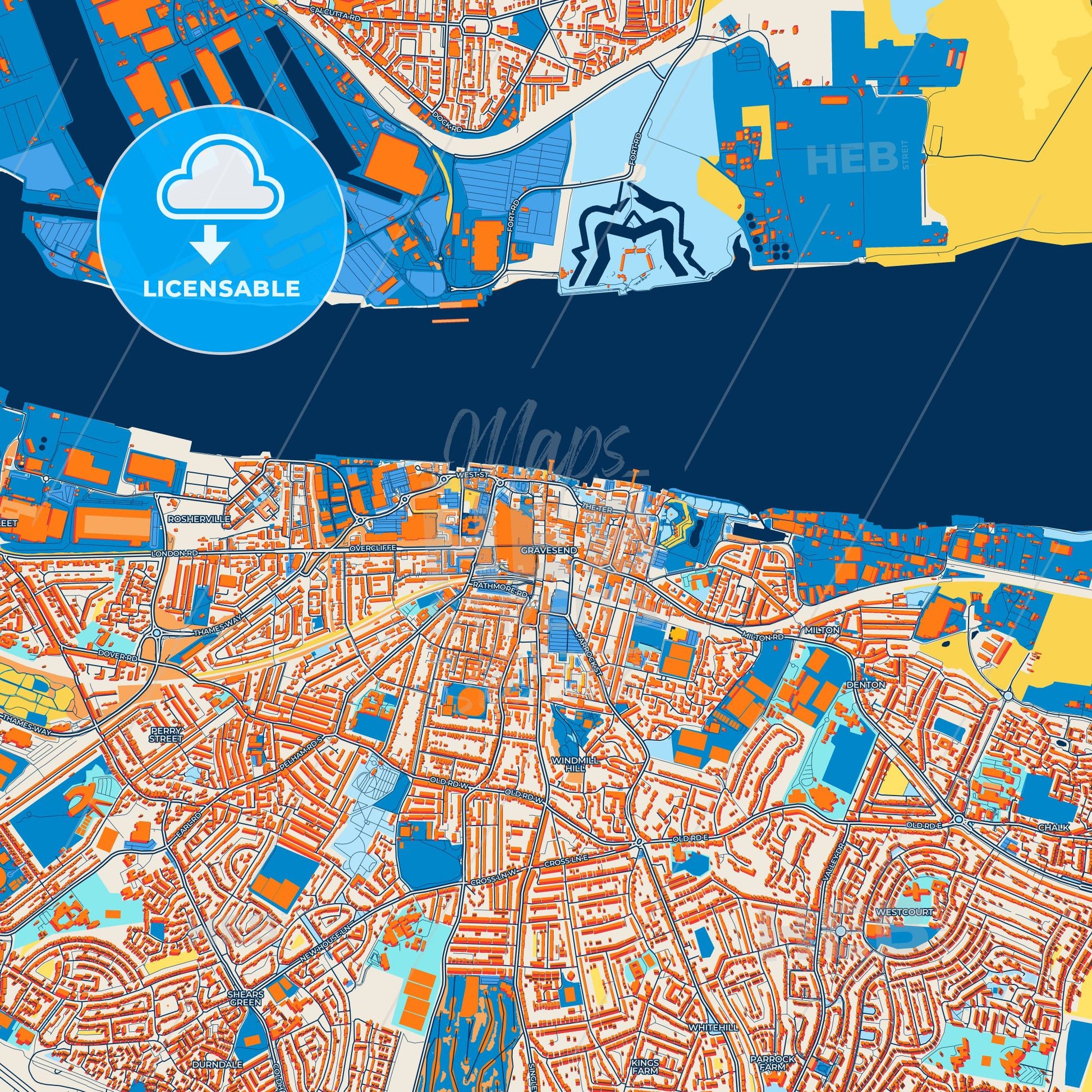 Colorful Gravesend Street Map with Labels and Buildings