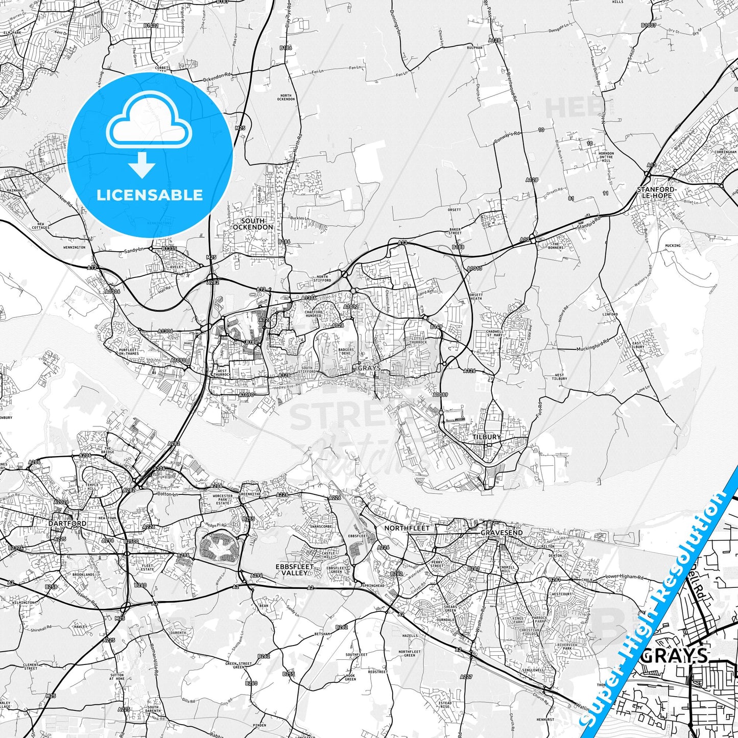 Grays, England light map with streetnames, citynames and districts