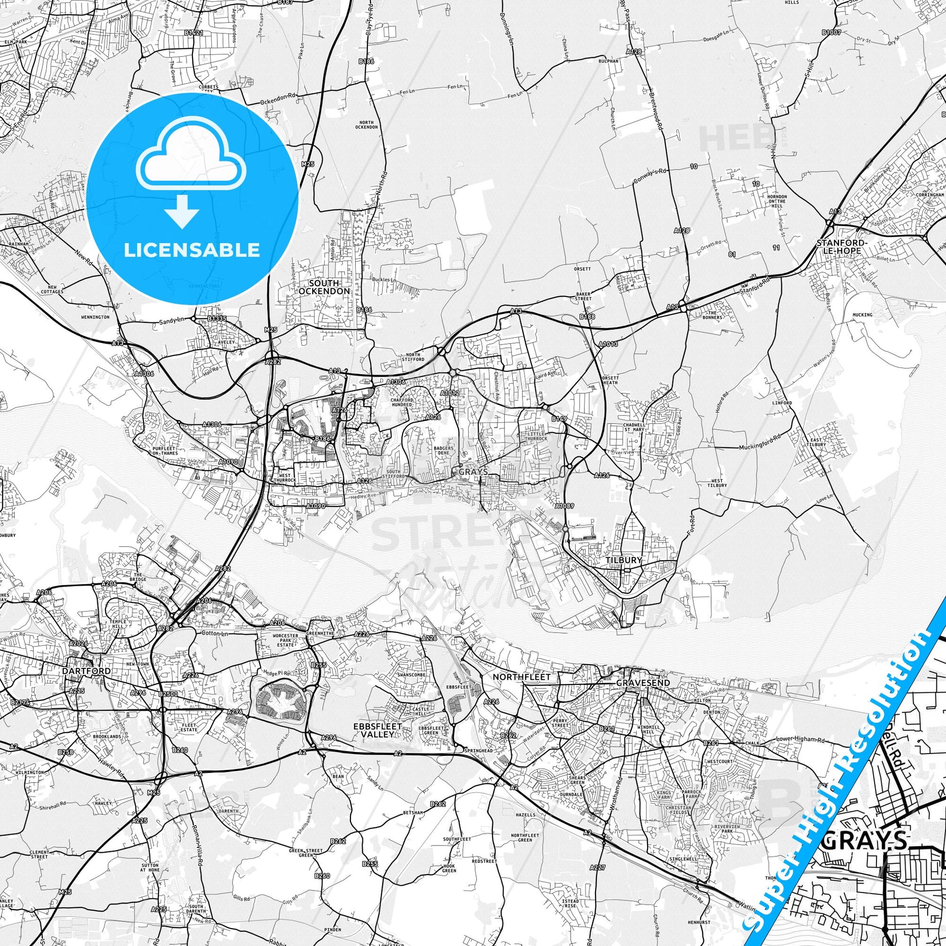 Grays, England light map with streetnames, citynames and districts