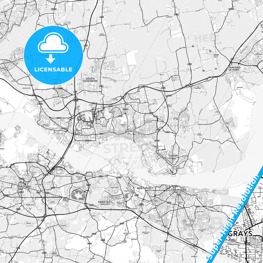 Grays, England light map with streetnames, citynames and districts