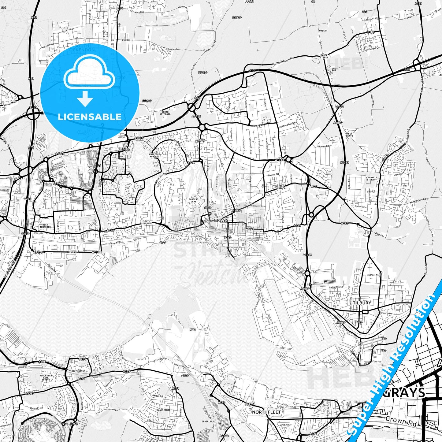Grays, England Light Map with Street Names, City Names, and Districts