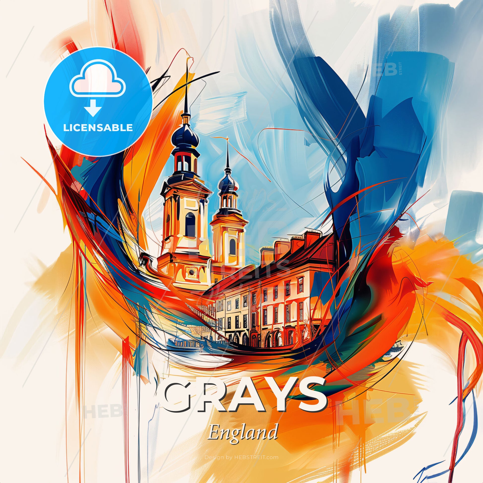 Vibrant Grays, England - A Painting Of A Building With A Tower And A Building With A Blue And Orange Paint - Square format print template